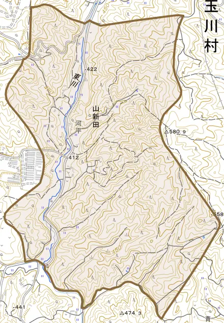 大字山新田とその周辺の地図。町の範囲を重ねている