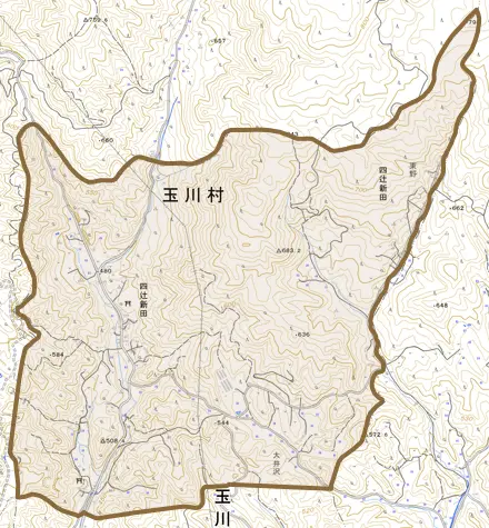 大字四辻新田とその周辺の地図。町の範囲を重ねている