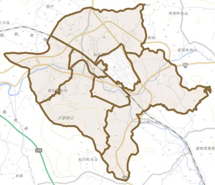 船引町船引とその周辺の地図。町の範囲を重ねている