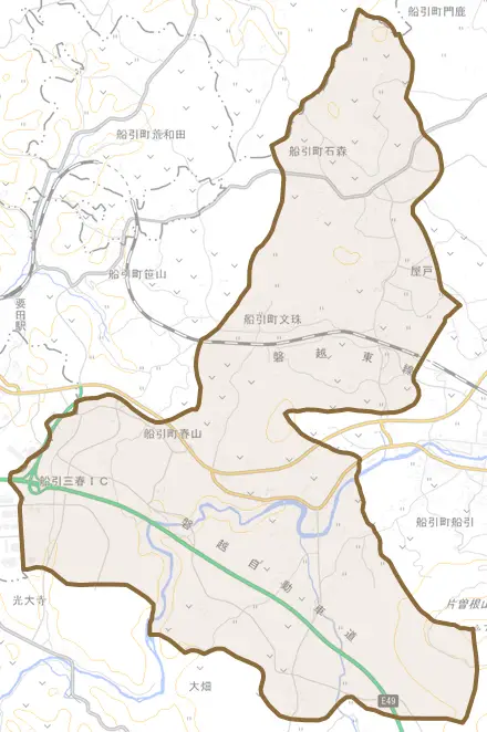 船引町石森とその周辺の地図。町の範囲を重ねている