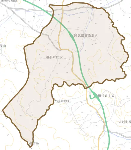 船引町門沢とその周辺の地図。町の範囲を重ねている