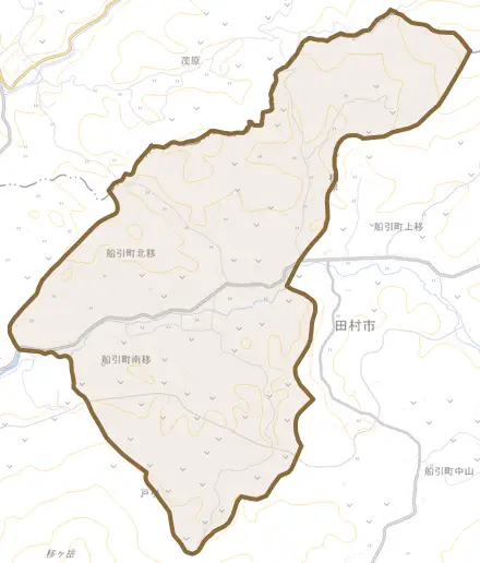 船引町北移とその周辺の地図。町の範囲を重ねている