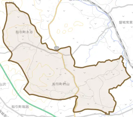 船引町椚山とその周辺の地図。町の範囲を重ねている