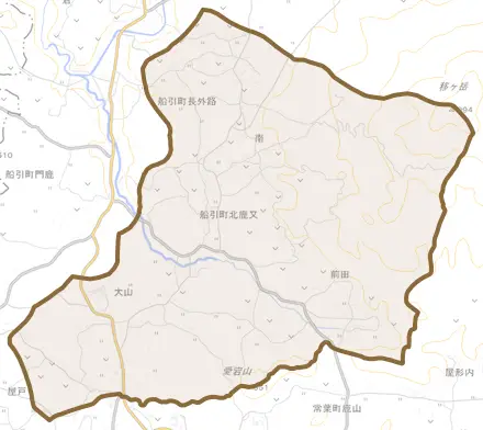 船引町長外路とその周辺の地図。町の範囲を重ねている