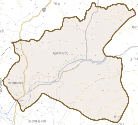 船引町新舘とその周辺の地図。町の範囲を重ねている