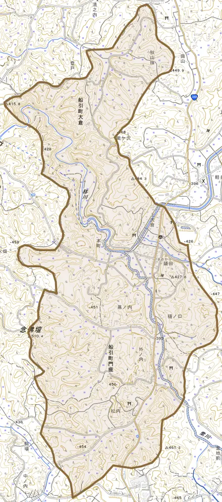 船引町大倉とその周辺の地図。町の範囲を重ねている