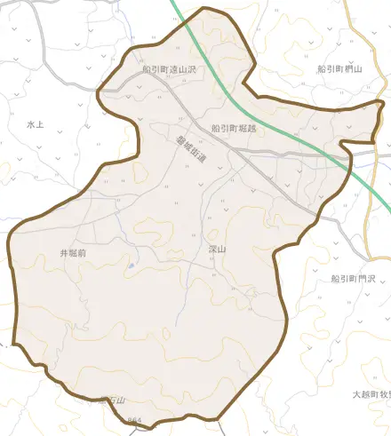 船引町遠山沢とその周辺の地図。町の範囲を重ねている