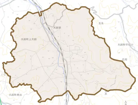 大越町上大越とその周辺の地図。町の範囲を重ねている