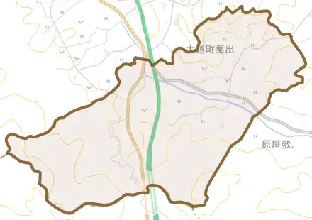大越町栗出とその周辺の地図。町の範囲を重ねている