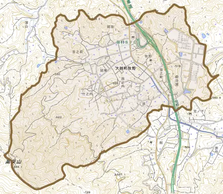 大越町牧野とその周辺の地図。町の範囲を重ねている