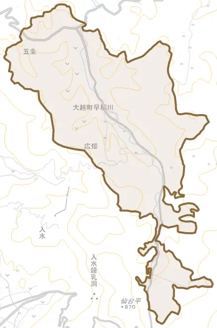 大越町早稲川とその周辺の地図。町の範囲を重ねている