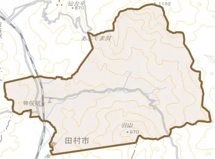 滝根町神俣とその周辺の地図。町の範囲を重ねている