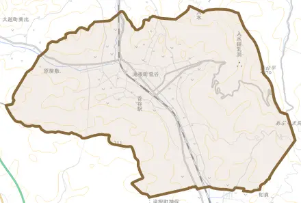 滝根町菅谷とその周辺の地図。町の範囲を重ねている
