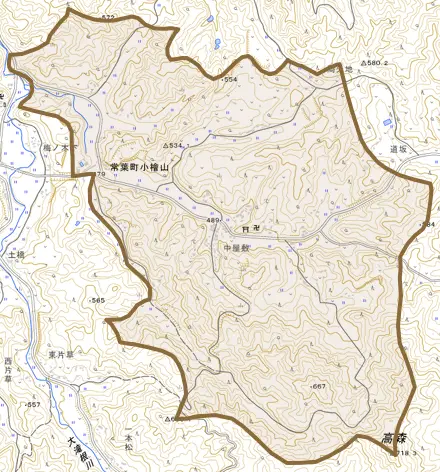 常葉町小檜山とその周辺の地図。町の範囲を重ねている