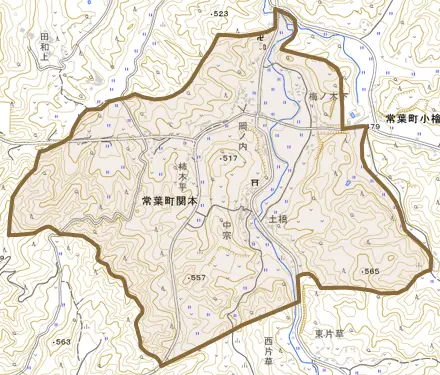 常葉町関本とその周辺の地図。町の範囲を重ねている