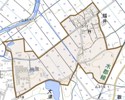 大字福井とその周辺の地図。町の範囲を重ねている