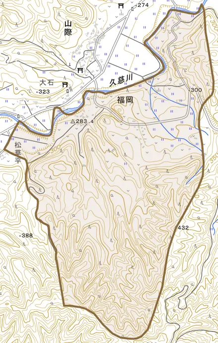 大字福岡とその周辺の地図。町の範囲を重ねている