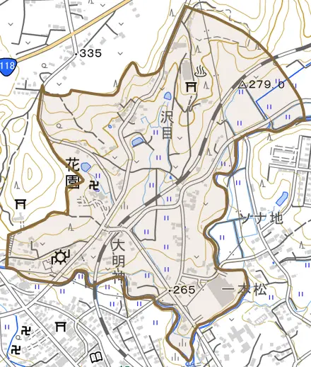 大字花園とその周辺の地図。町の範囲を重ねている