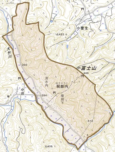 大字祝部内とその周辺の地図。町の範囲を重ねている