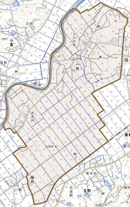 大字一色とその周辺の地図。町の範囲を重ねている