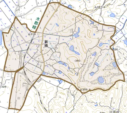 大字板橋とその周辺の地図。町の範囲を重ねている