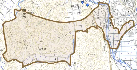 大字上手沢とその周辺の地図。町の範囲を重ねている