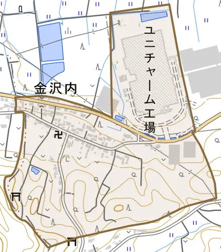 大字金沢内とその周辺の地図。町の範囲を重ねている