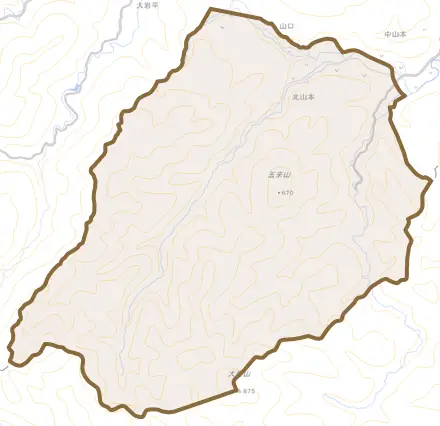 大字北山本とその周辺の地図。町の範囲を重ねている