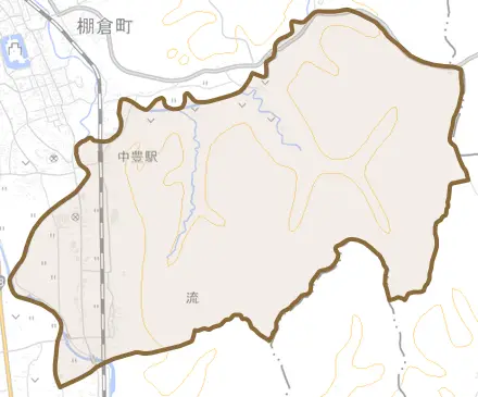 大字流とその周辺の地図。町の範囲を重ねている