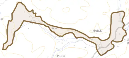 大字中山本とその周辺の地図。町の範囲を重ねている