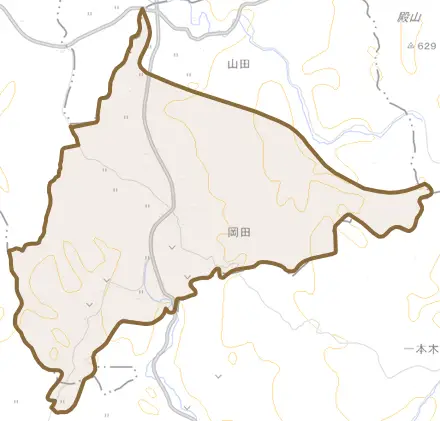 大字岡田とその周辺の地図。町の範囲を重ねている