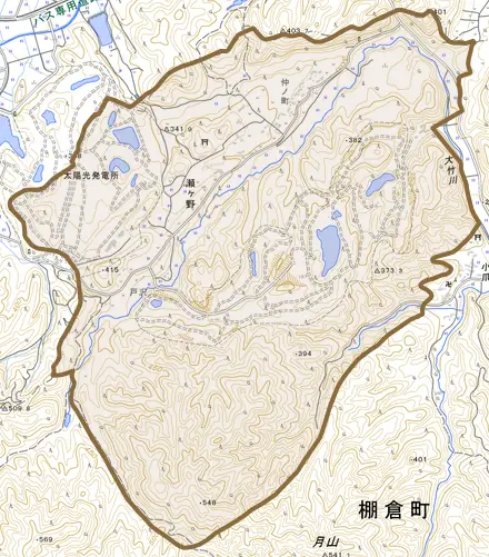 大字瀬ヶ野とその周辺の地図。町の範囲を重ねている
