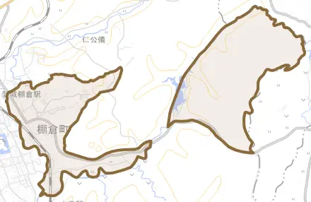 大字関口とその周辺の地図。町の範囲を重ねている