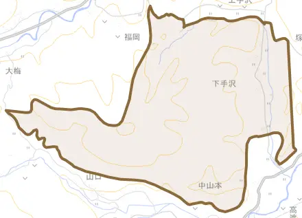 大字下手沢とその周辺の地図。町の範囲を重ねている