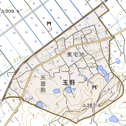 大字玉野とその周辺の地図。町の範囲を重ねている
