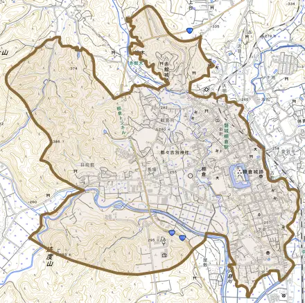 大字棚倉とその周辺の地図。町の範囲を重ねている