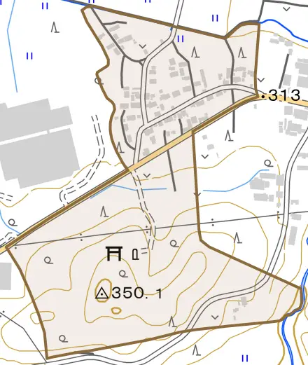 大字天王内とその周辺の地図。町の範囲を重ねている