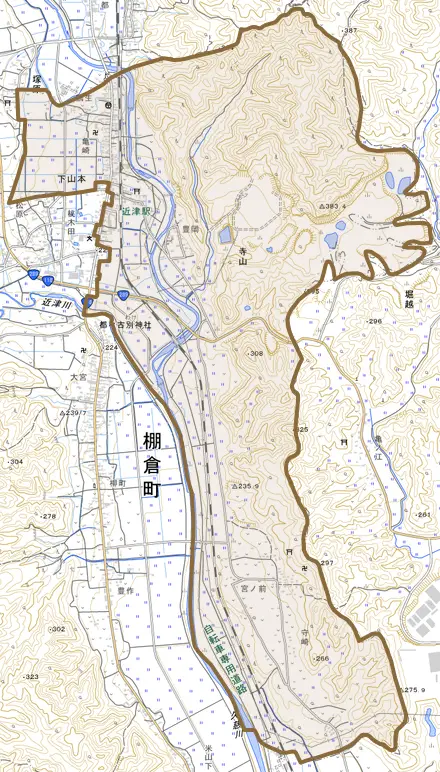 大字寺山とその周辺の地図。町の範囲を重ねている