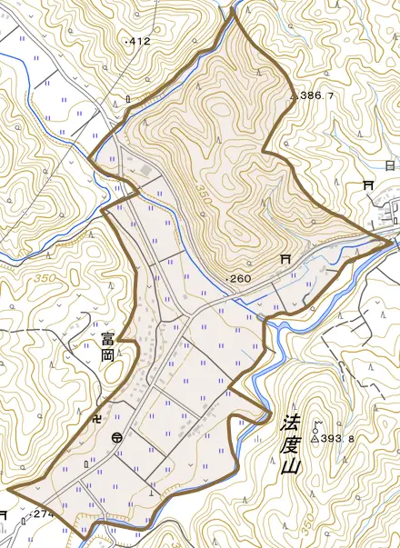 大字富岡とその周辺の地図。町の範囲を重ねている