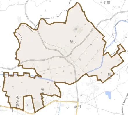 大字堤とその周辺の地図。町の範囲を重ねている