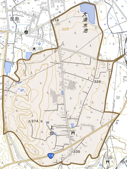 大字上台とその周辺の地図。町の範囲を重ねている