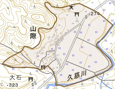 大字山際とその周辺の地図。町の範囲を重ねている