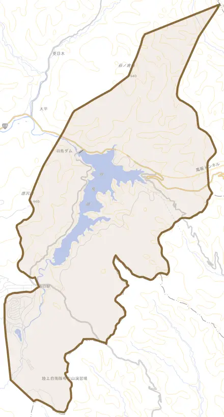 大字羽鳥とその周辺の地図。町の範囲を重ねている