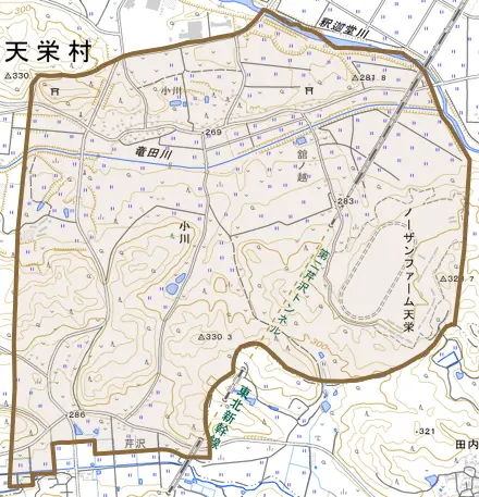 大字小川とその周辺の地図。町の範囲を重ねている