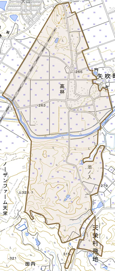 大字高林とその周辺の地図。町の範囲を重ねている