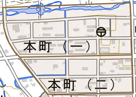 本町とその周辺の地図。町の範囲を重ねている