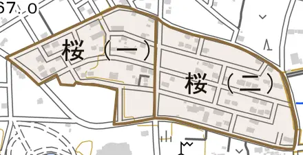 桜とその周辺の地図。町の範囲を重ねている