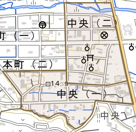 中央とその周辺の地図。町の範囲を重ねている