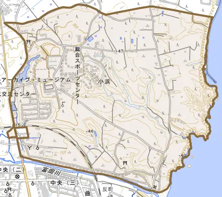 小浜とその周辺の地図。町の範囲を重ねている