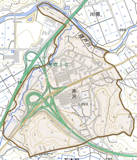 赤沢とその周辺の地図。町の範囲を重ねている